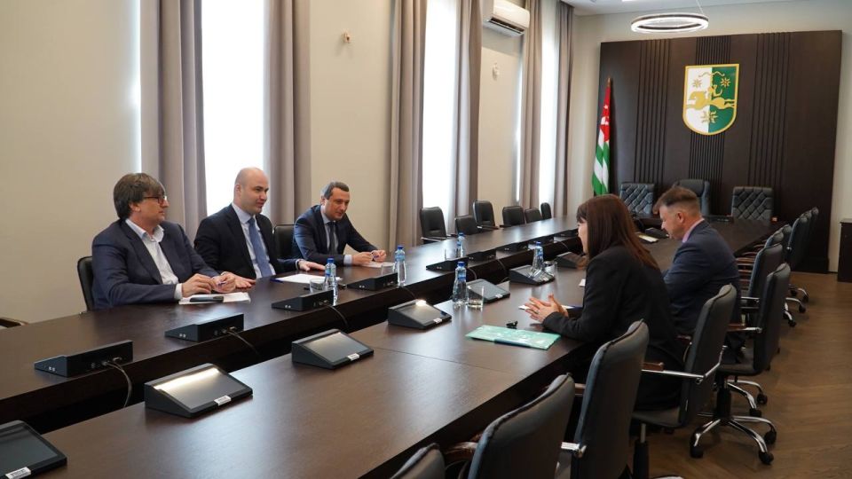 Спикер Парламента Лаша Ашуба встретился с исполняющей обязанности ректора Северо-Кавказского федерального университета (СКФУ) Татьяной Шебзуховой и доцентом университета Максимом Трофимовым